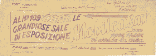 Image for Bozzetto per pubblicità "Al n° 109 visitate le grandiose sale di esposizione Mobilcasa ...con poca spesa vi arreda la casa."