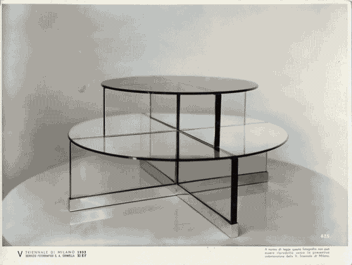 Image for V Triennale - Arti decorative e industriali - La Strada-Mostra d'ambienti moderni - Saletta di prove per un negozio di mode - Tavolino circolare a due piani girevoli in cristallo Vitrex - Giovanni Battista Ceas