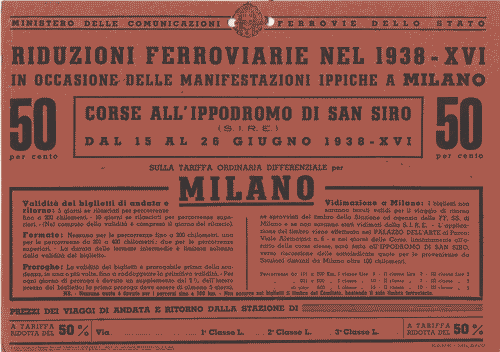 Image for Cartello promozionale per mezzi pubblici nero su rosso delle "Riduzioni ferroviarie nel 1938-XVI in occasione delle Manifestazioni Ippiche a Milano"