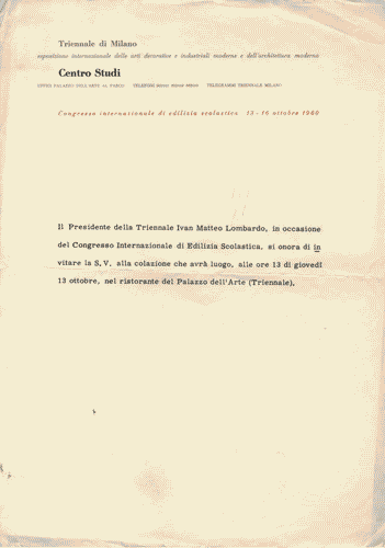 Image for Carta intestata "Triennale di Milano. Centro Studi. Congresso internazionale di edilizia scolastica" con testo dattilsocritto di invito alla colazione in occasione del Congresso