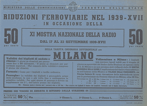 Image for Cartello promozionale per mezzi pubblici nero su azzurro delle "Riduzioni ferroviarie nel 1939-XVII in occasione della XI Mostra Nazionale della Radio dal 17 al 23 settembre 1939-XVII"