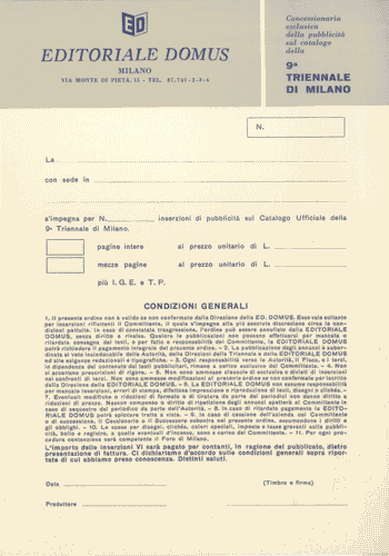 Image for Modulo di prenotazione di inserzioni pubblicitarie sul catalogo ufficiale della IX Triennale da parte dell'Editoriale Domus