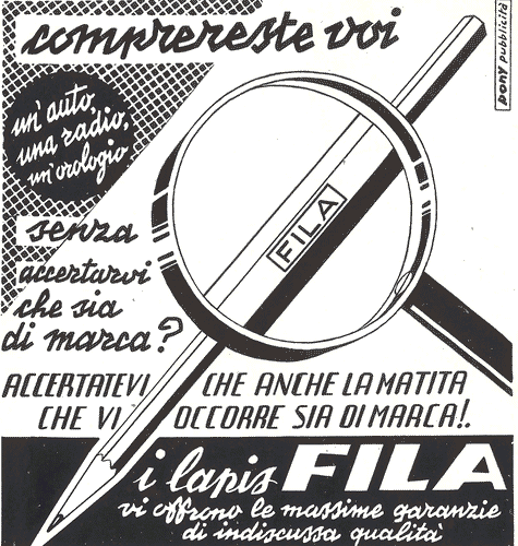 Image for Bozzetto per pubblicità "Comprereste voi un'auto, una radio, un orologio senza accertarvi che sia di marca? Accertatevi che anche la matita che vi occorre sa di marca! I lapis FILA vi offrono la massima garanzia di indiscussa qualità"