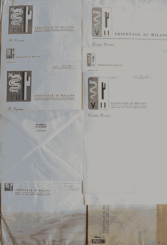 Image for Serie di carte intestate "Il Presidente" e "Il Comitato Esecutivo" e buste intestate con logo della VII Triennale, il tutto fissato su un foglio di supporto