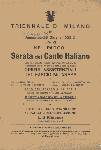 Image for Volantino di colore marrone chiaro, a quattro facciate, della "Serata del canto italiano", con logo di Mario Sironi, e programma