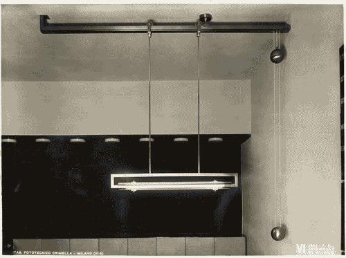 Image for VI Triennale - Mostra dell'arredamento - Sala da pranzo e di soggiorno di Giuseppe Mazzoleni, Giulio Minoletti e Giancarlo Palanti - Lampadario mobile