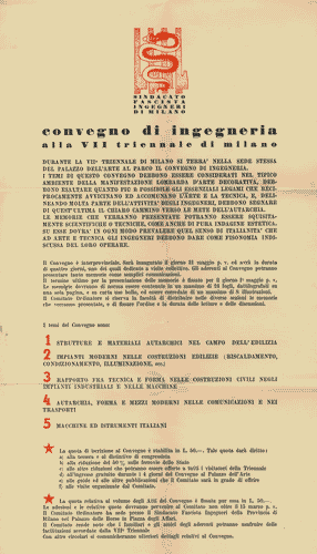 Image for Pieghevole del "Convegno di ingegneria alla VII Triennale di Milano", organizzato dal Sindacato fascista Ingegneri di Milano, con Biscione degli Sforza stilizzato e 4 fasci in rosso