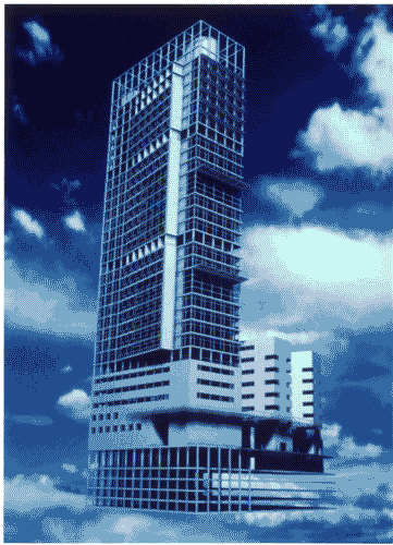 Image for XIX Triennale - Le partecipazioni internazionali - Padiglione Italia - "Frammento" di Emilio Battisti - Disegno prospettico del grattacielo all'incrocio tra le vie Pirelli e Gioia a Milano