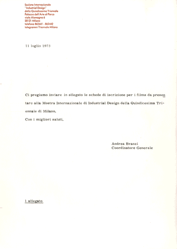 Image for Carta intestata Sezione Internazionale "Industrial Design" della Quindicesima Triennale con testo per invio schede di iscrizione firmato da Andrea Branzi