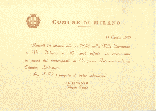 Image for Invito in busta del Comune di Milano alla colazione per i partecipanti al "Congresso Internazionale di Ediliza Scolastica"