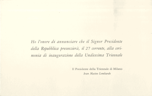 Image for Biglietto con l'annuncio della presenza del Presidente della Repubblica all'inaugurazione della XI Triennale