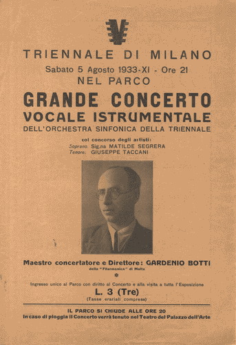 Image for Volantino, di colore arancione, del "Grande Concerto vocale e istrumentale dell'Orchestra Sinfonica della Triennale", con logo di Mario Sironi e programma