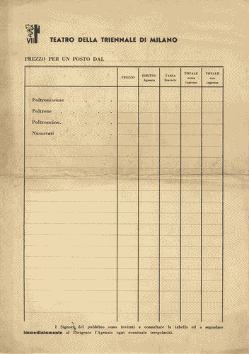 Image for Tabella (vuota) dei prezzi dei posti al Teatro della Triennale, con logo stilizzato di Enrico Ciuti