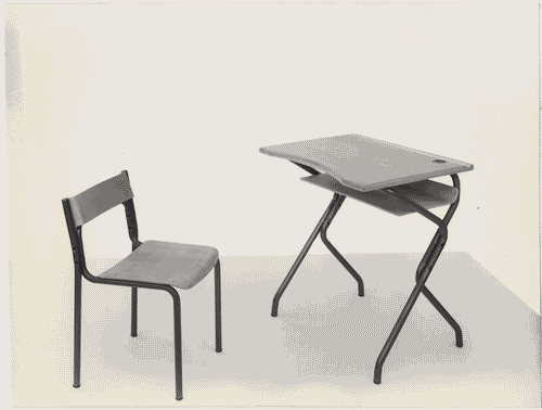 Image for XII Triennale - La casa e la scuola - Allestimento e "isole di produzioni"- Banco scolastico e sedia in acciaio curvato e compensato curvato di Achille Castiglioni, Pier Giacomo Castiglioni e Luigi Caccia Dominioni