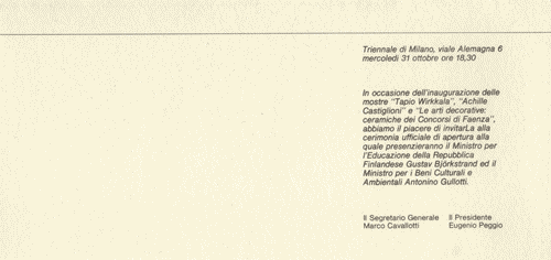 Image for Invito all'inaugurazone di "Tapio Wirkkala", "Achille Castiglioni", "Le arti decorative: ceramiche dei concorsi di Faenza"