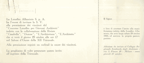 Image for Invito alla premiazione dei vincitori del "Concorso Luxaflex per Giovani Architetti", con allegata conferma