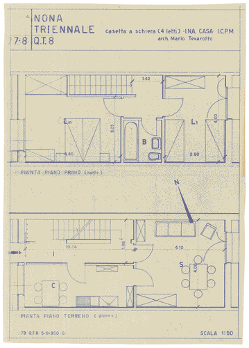 Image for Casette a schiera a 4 letti. INA CASA ICPM. Piano terreno e primo piano. Arredamento