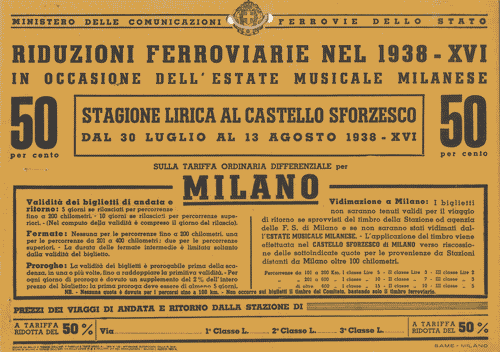 Image for Cartello promozionale per mezzi pubblici nero su arancione delle "Riduzioni ferroviarie nel 1938-XVI in occasione dell'Estate Musicale Milanese"