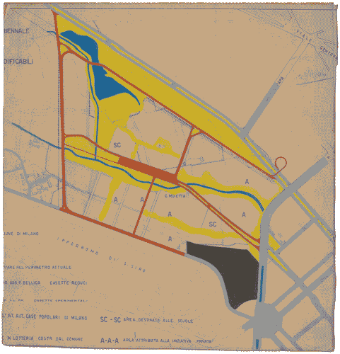 Image for Schema viario principale con rete stradale evidenziata con colori e con indicazione delle aree per scuole e iniziativa privata