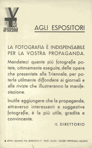 Image for Velina con intestazione "Agli espositori", titolo "La fotografia è indispensabile per la vostra propaganda" e logo della V Triennale, di Mario Sironi