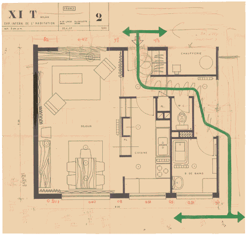 Image for Mostra internazionale dell'abitazione. Alloggio francese. Arredo. Segni a matita. Indicazione persorso di visita