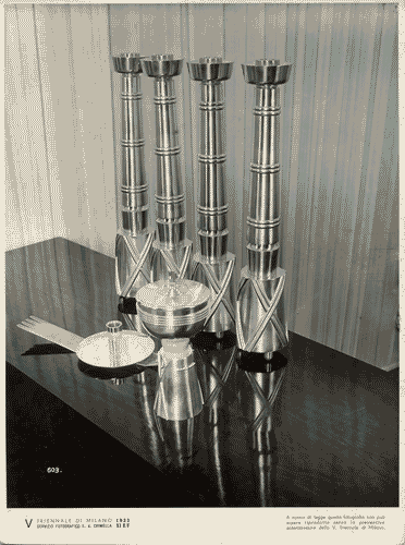 Image for V Triennale - Mostre nel parco - Padiglione della mostra d'arte sacra - Candelieri, pisside e palmatoria di bronzo di Ottavio Cabiati e Alberto Alpago