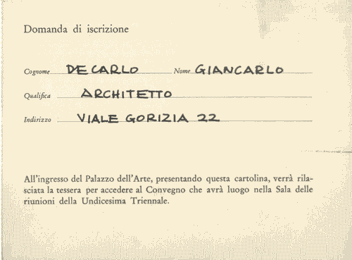 Image for Domanda di iscrizione per il Convegno di Studi sui Problemi della Triennale, compilata e manoscritta