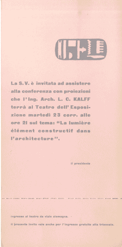 Image for Invito alla conferenza con proiezioni "La lumière élément constructif dans l'architecture" con l'Arch. L.C. Kalff, di colore rosa