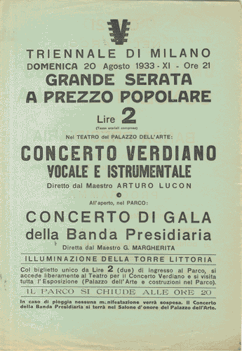 Image for Volantino, di colore verde, del "Concerto Verdiano" nel Teatro del Palazzo dell'Arte e del "Concerto di Gala" nel Parco, con logo di Mario Sironi e i rispettivi programmi