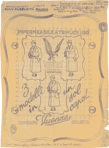 Image for Bozzetto per insegna pubblicitaria "Vertex triforme brevettato. Impermeabile a triplice uso. 3 modelli in un sol capo!.. Produzione esclusiva Vuenne"