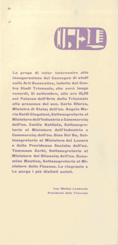 Image for Invito al Convegno studi sulle arti decorative il 21 settembre, bianco con scritte viola