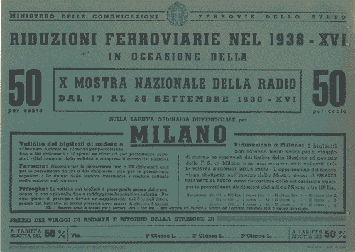 Image for Cartello promozionale per mezzi pubblici nero su verde delle "Riduzioni ferroviarie nel 1938-XVI in occasione della X Mostra Nazionale della Radio dal 17 al 25 settembre 1938-XVI"
